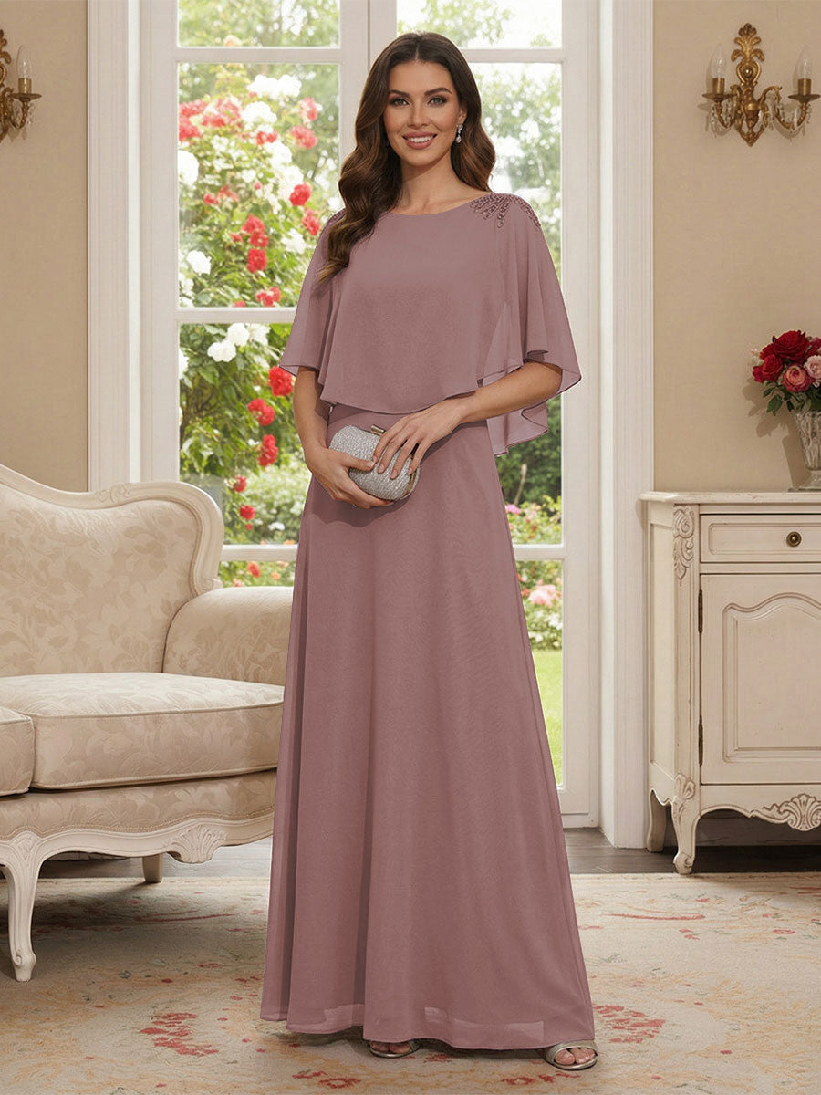 A-Line/Princess Scoop Half Sleeves Floor-Length Mother of the Bride Dresses with Beading