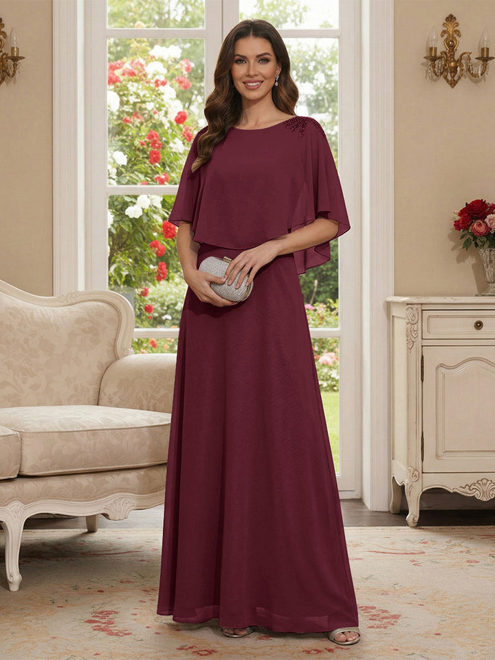 A-Line/Princess Scoop Half Sleeves Floor-Length Mother of the Bride Dresses with Beading