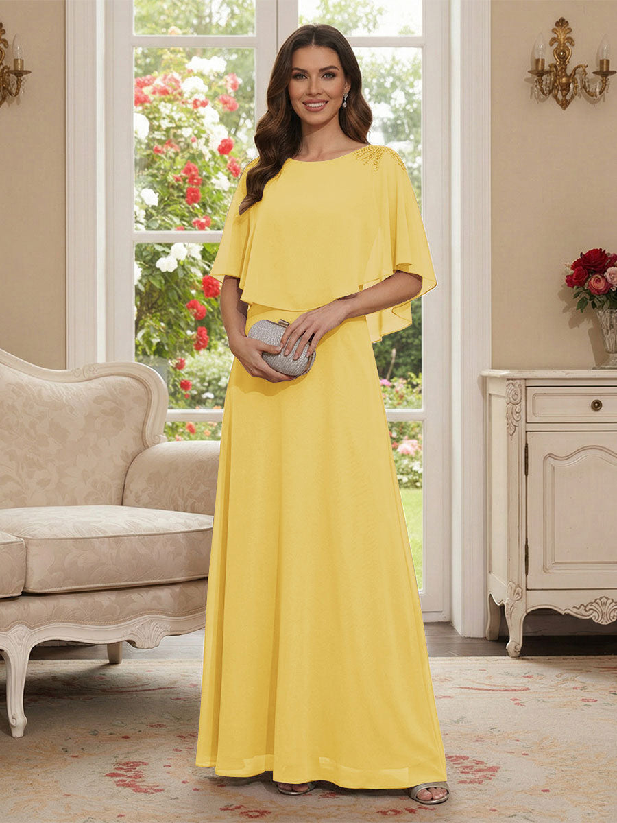 A-Line/Princess Scoop Half Sleeves Floor-Length Mother of the Bride Dresses with Beading