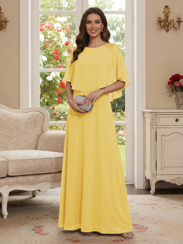 A-Line/Princess Scoop Half Sleeves Floor-Length Mother of the Bride Dresses with Beading