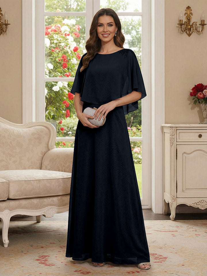 A-Line/Princess Scoop Half Sleeves Floor-Length Mother of the Bride Dresses with Beading