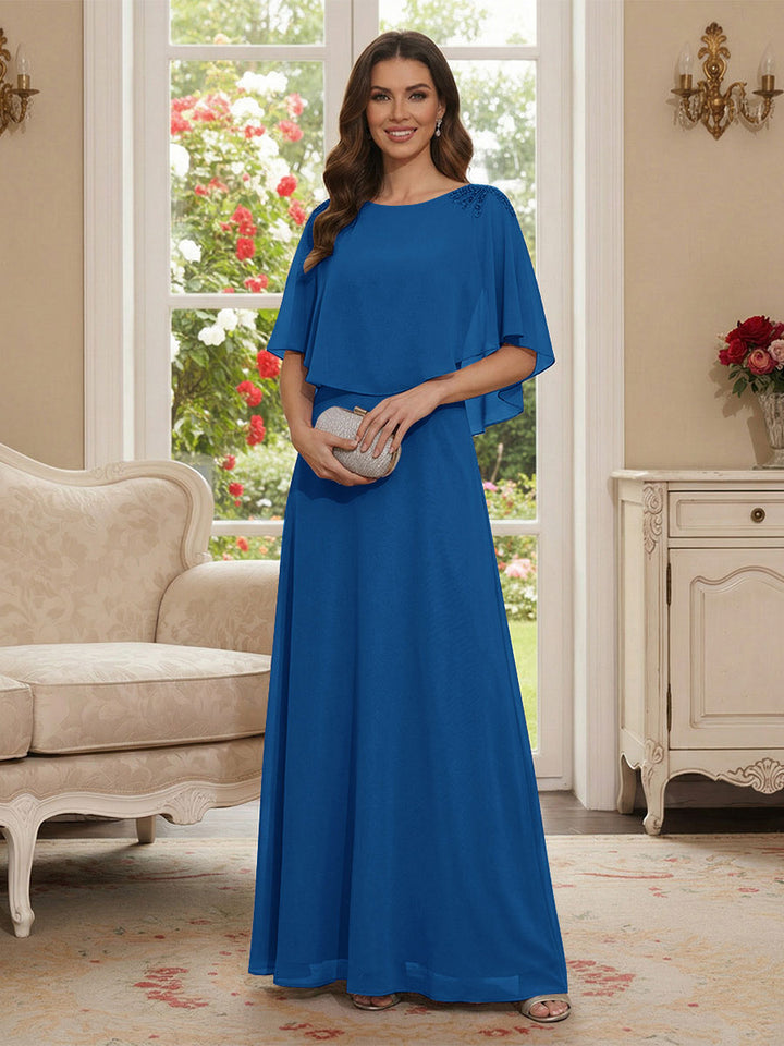 A-Line/Princess Scoop Half Sleeves Floor-Length Mother of the Bride Dresses with Beading