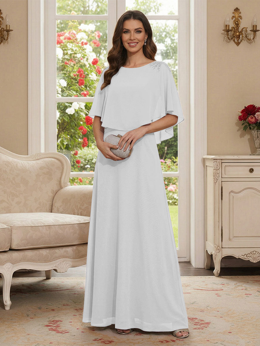A-Line/Princess Scoop Half Sleeves Floor-Length Mother of the Bride Dresses with Beading