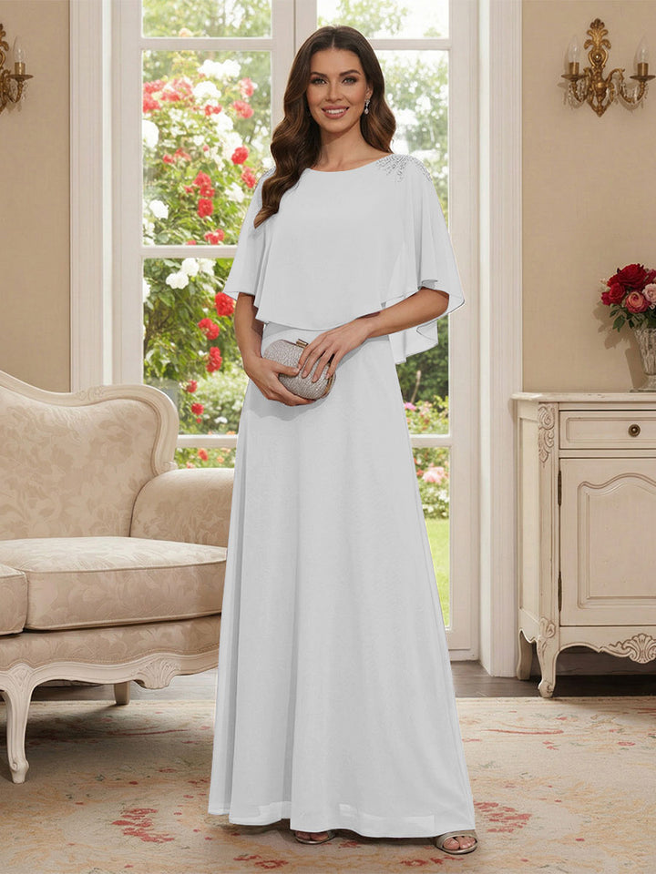 A-Line/Princess Scoop Half Sleeves Floor-Length Mother of the Bride Dresses with Beading