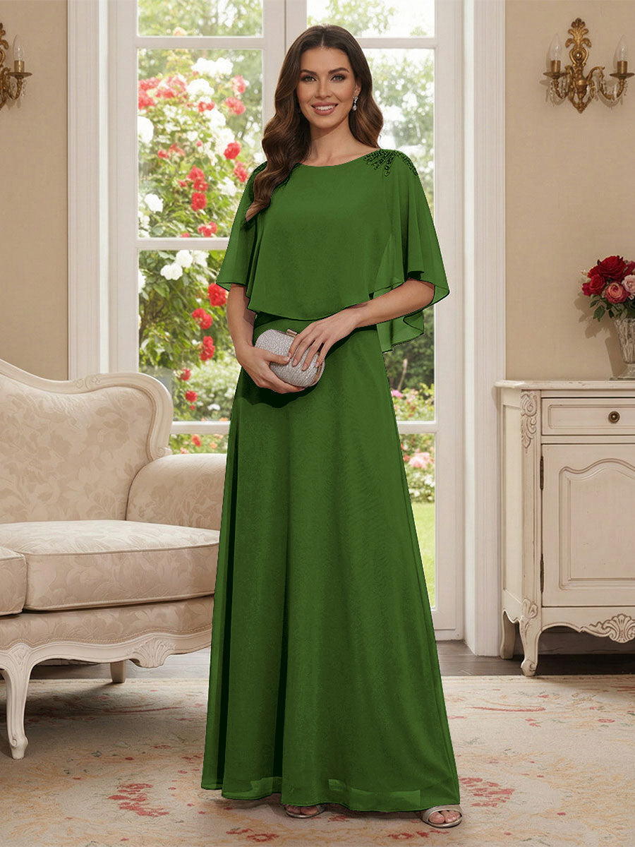 A-Line/Princess Scoop Half Sleeves Floor-Length Mother of the Bride Dresses with Beading