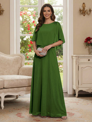 A-Line/Princess Scoop Half Sleeves Floor-Length Mother of the Bride Dresses with Beading