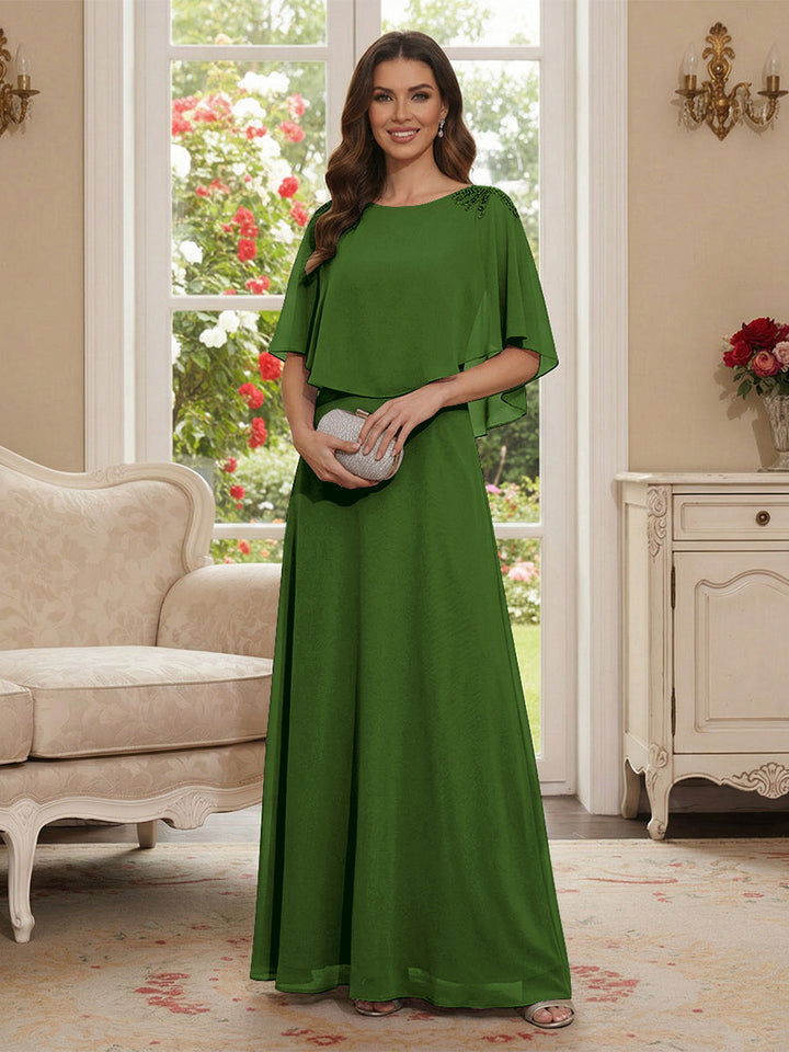 A-Line/Princess Scoop Half Sleeves Floor-Length Mother of the Bride Dresses with Beading