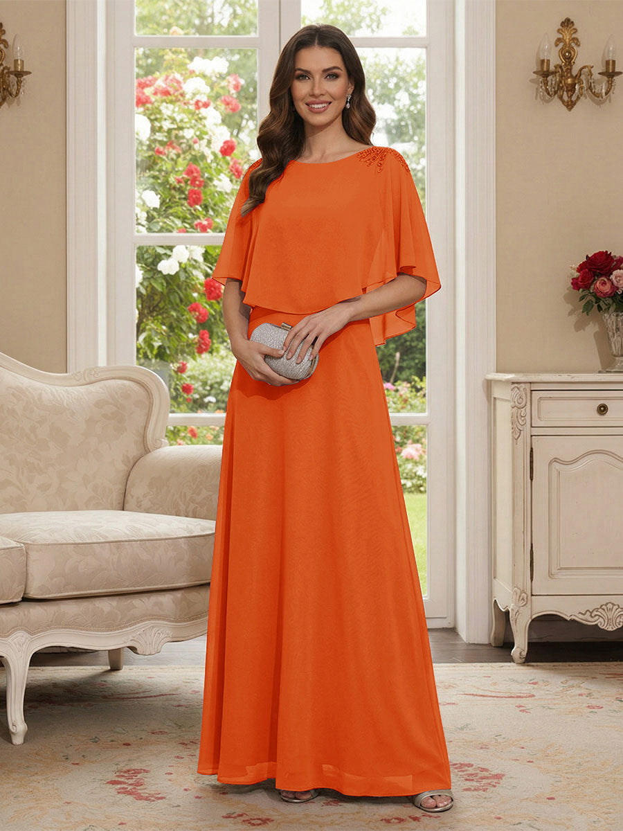 A-Line/Princess Scoop Half Sleeves Floor-Length Mother of the Bride Dresses with Beading