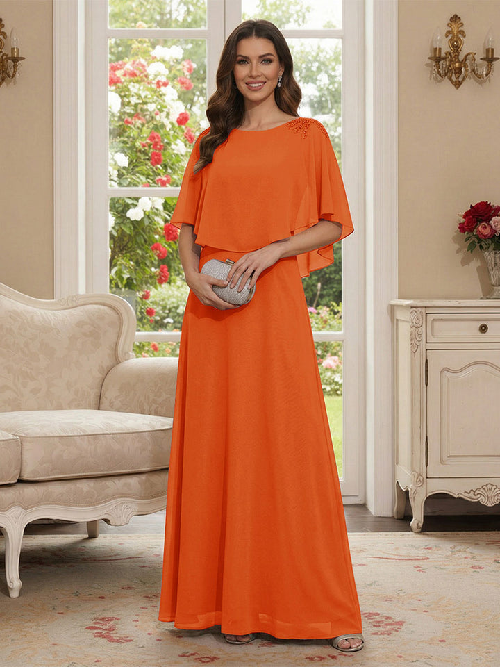A-Line/Princess Scoop Half Sleeves Floor-Length Mother of the Bride Dresses with Beading
