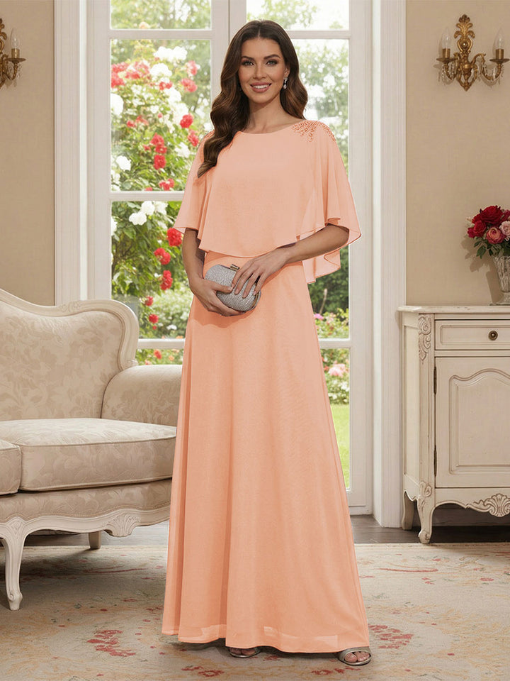 A-Line/Princess Scoop Half Sleeves Floor-Length Mother of the Bride Dresses with Beading