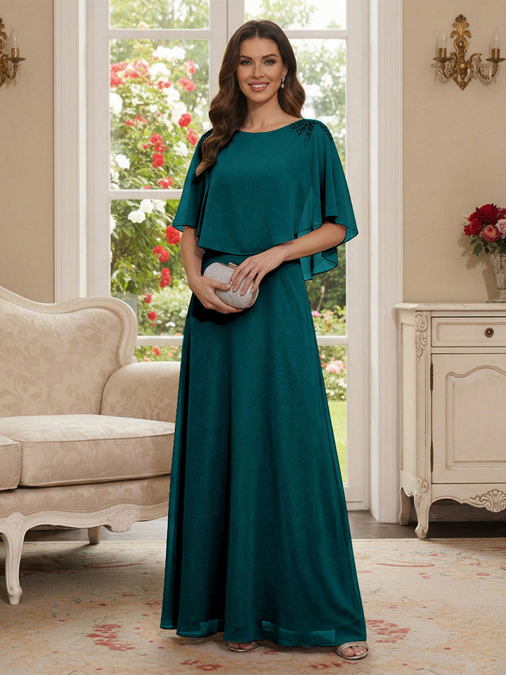 A-Line/Princess Scoop Half Sleeves Floor-Length Mother of the Bride Dresses with Beading