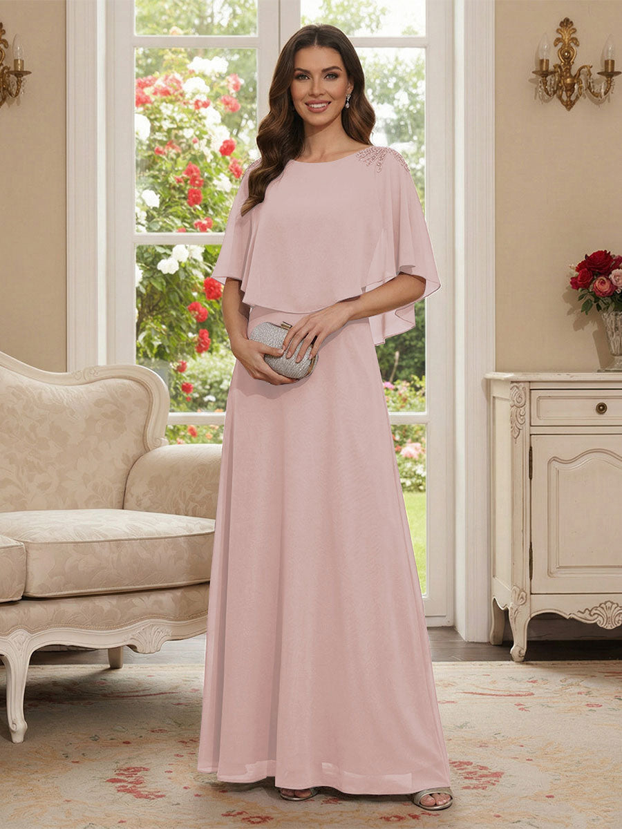 A-Line/Princess Scoop Half Sleeves Floor-Length Mother of the Bride Dresses with Beading
