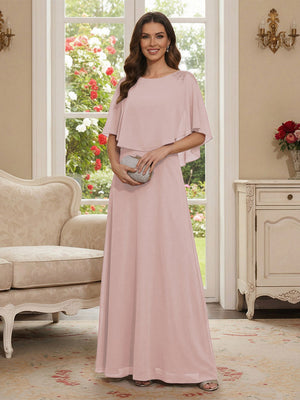A-Line/Princess Scoop Half Sleeves Floor-Length Mother of the Bride Dresses with Beading
