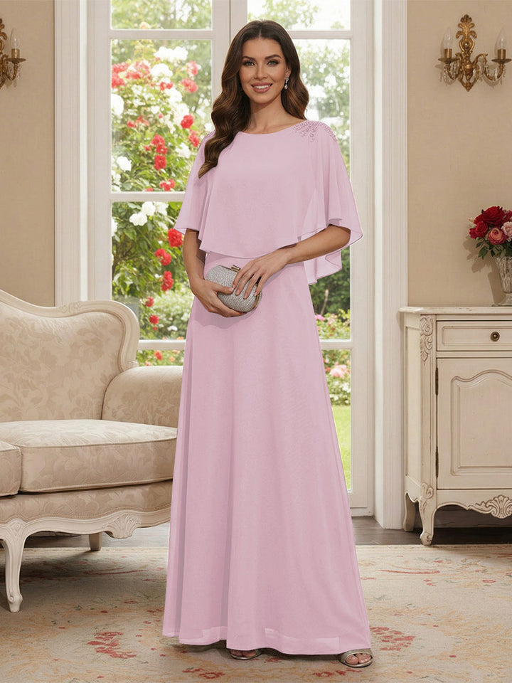A-Line/Princess Scoop Half Sleeves Floor-Length Mother of the Bride Dresses with Beading