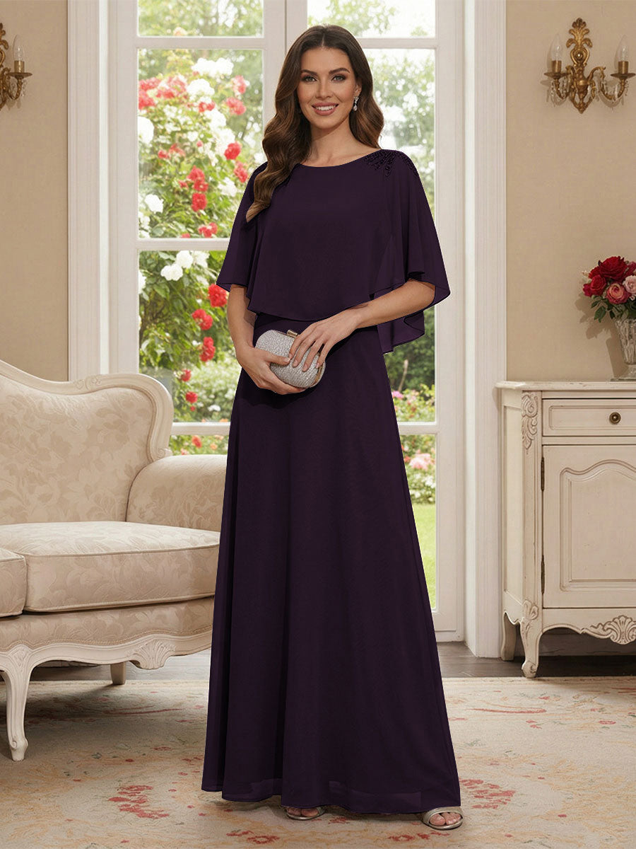 A-Line/Princess Scoop Half Sleeves Floor-Length Mother of the Bride Dresses with Beading