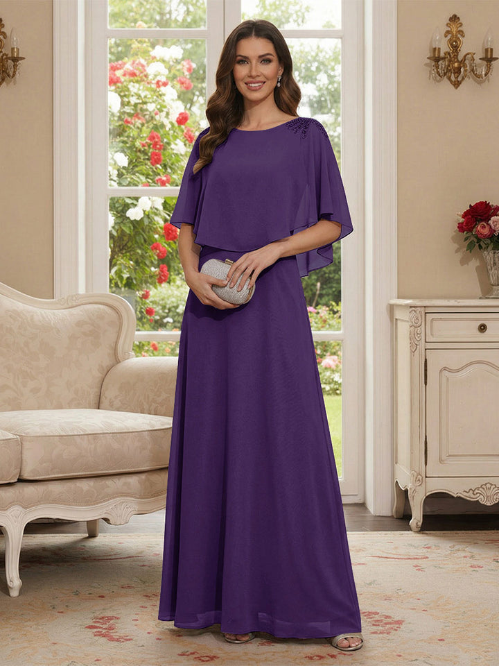 A-Line/Princess Scoop Half Sleeves Floor-Length Mother of the Bride Dresses with Beading