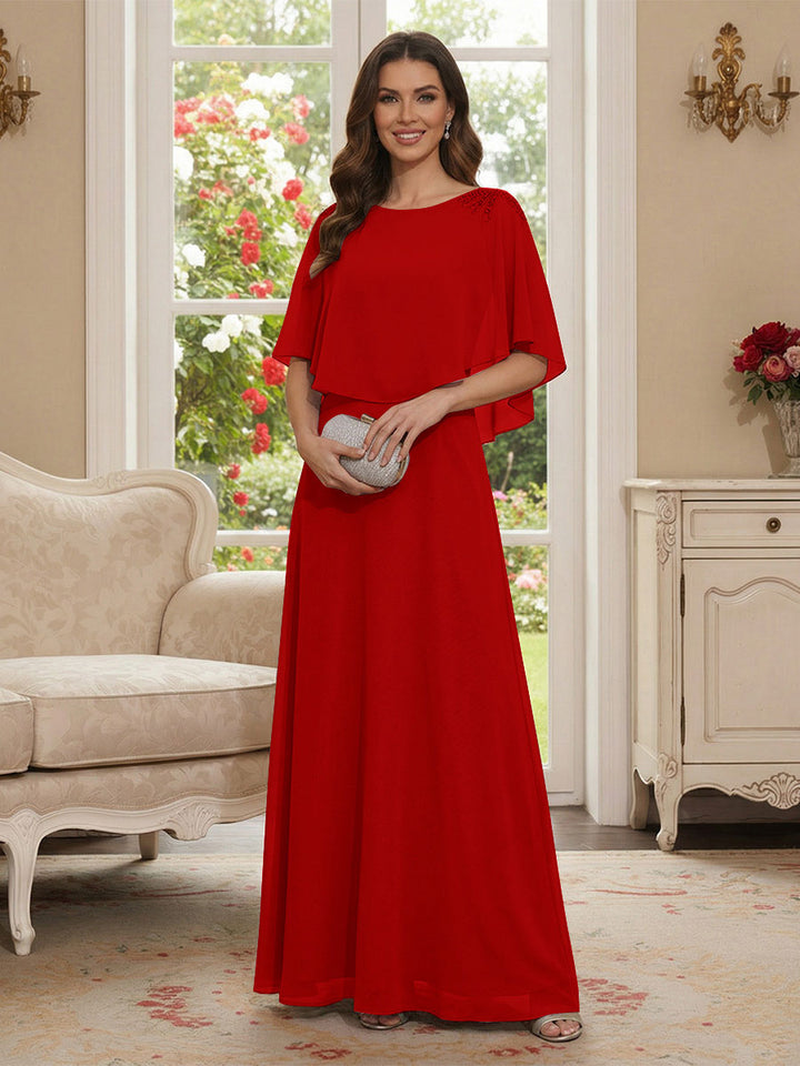 A-Line/Princess Scoop Half Sleeves Floor-Length Mother of the Bride Dresses with Beading
