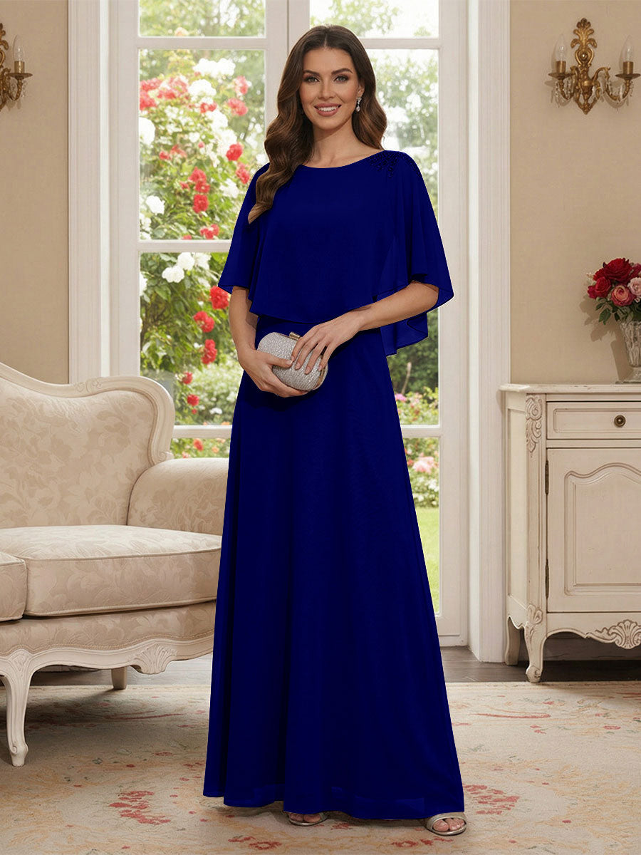 A-Line/Princess Scoop Half Sleeves Floor-Length Mother of the Bride Dresses with Beading