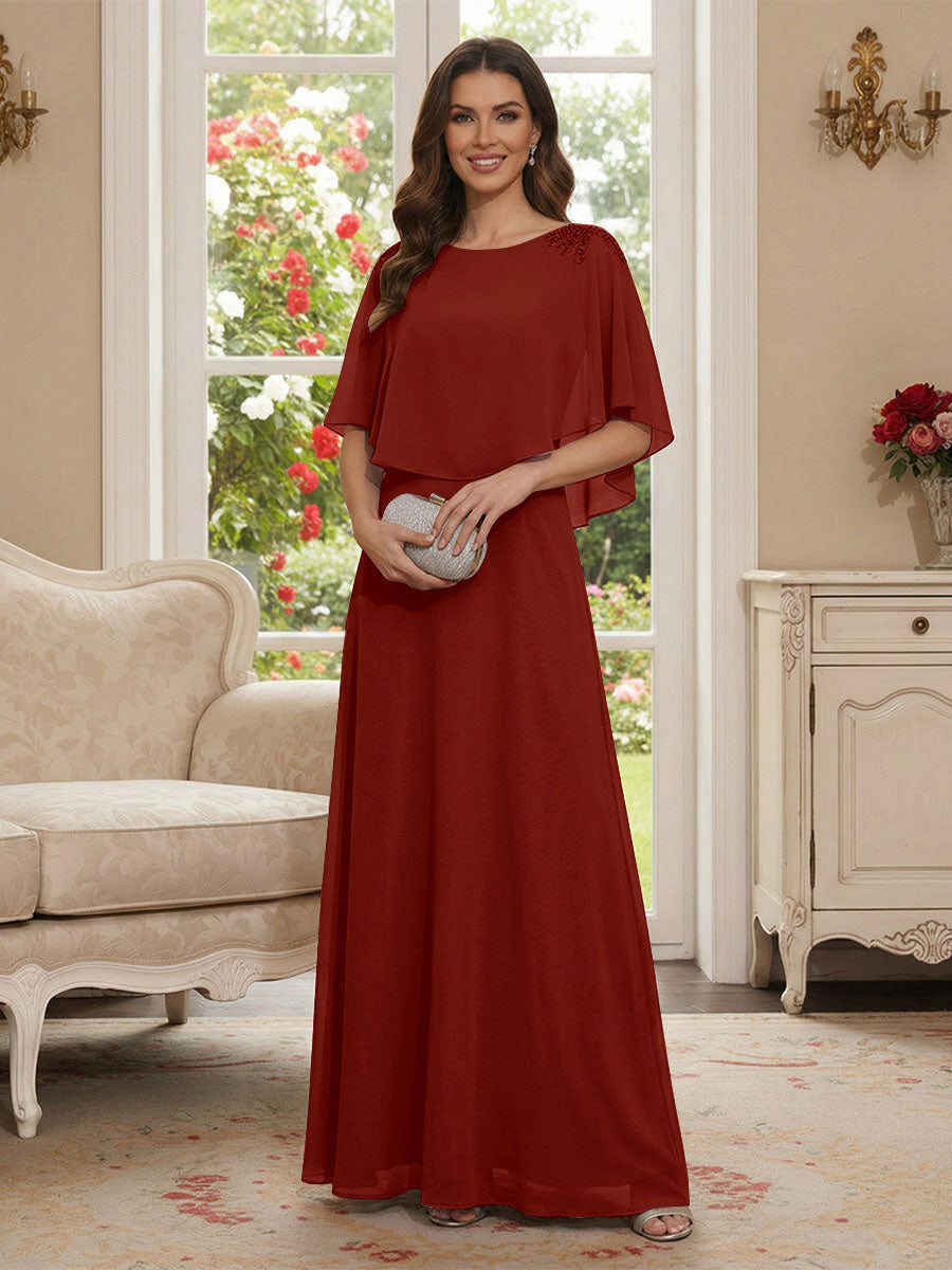 A-Line/Princess Scoop Half Sleeves Floor-Length Mother of the Bride Dresses with Beading