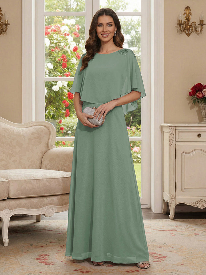 A-Line/Princess Scoop Half Sleeves Floor-Length Mother of the Bride Dresses with Beading