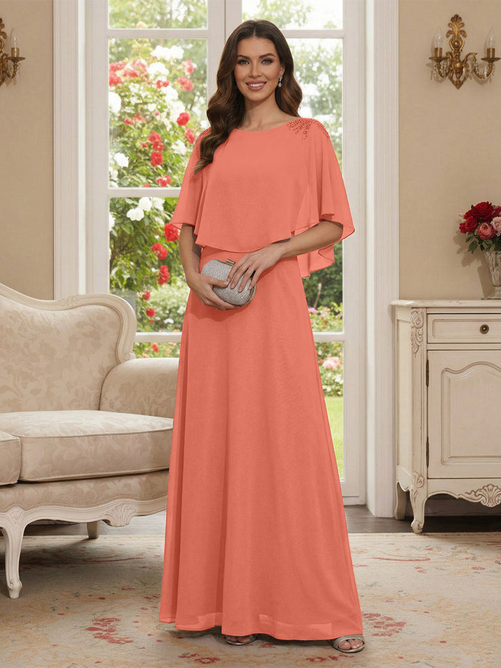 A-Line/Princess Scoop Half Sleeves Floor-Length Mother of the Bride Dresses with Beading