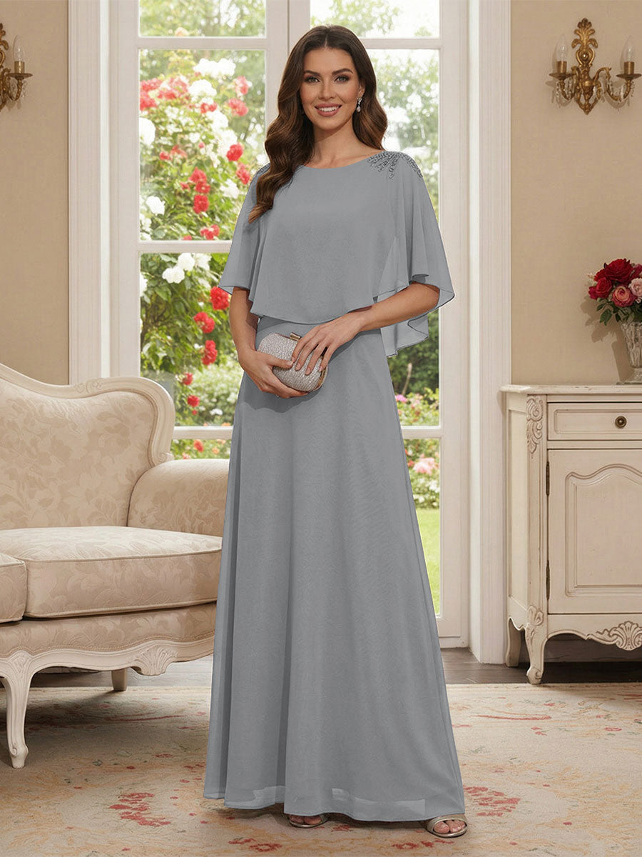 A-Line/Princess Scoop Half Sleeves Floor-Length Mother of the Bride Dresses with Beading
