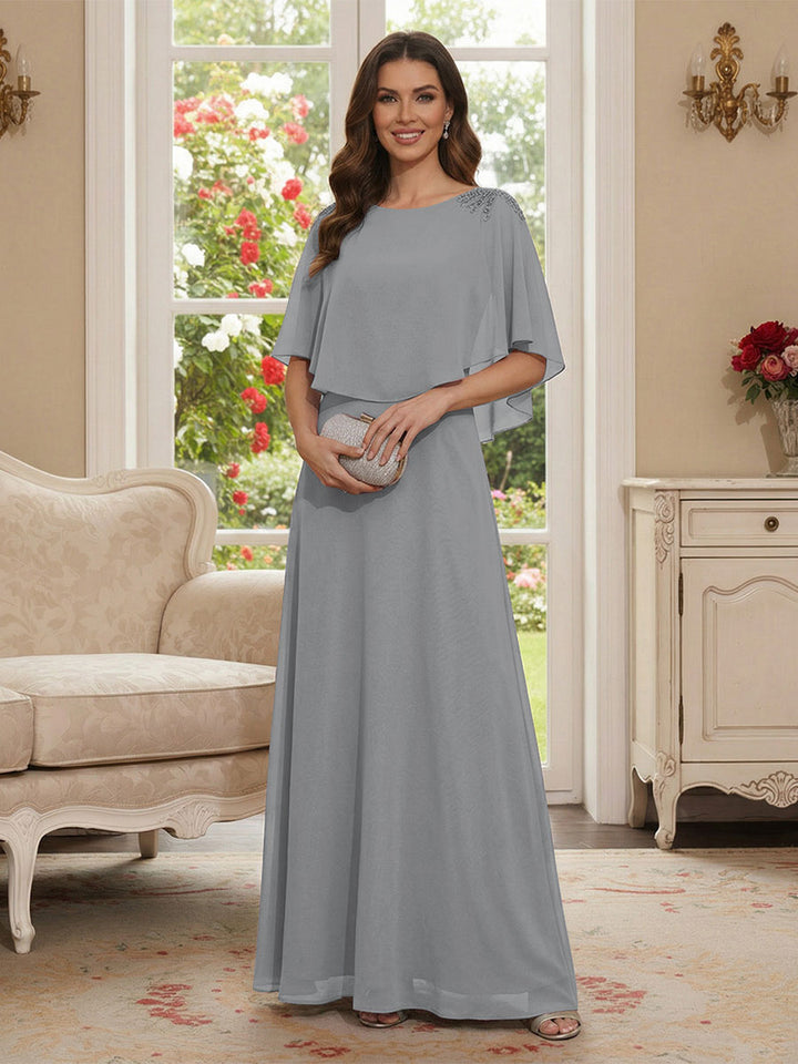 A-Line/Princess Scoop Half Sleeves Floor-Length Mother of the Bride Dresses with Beading