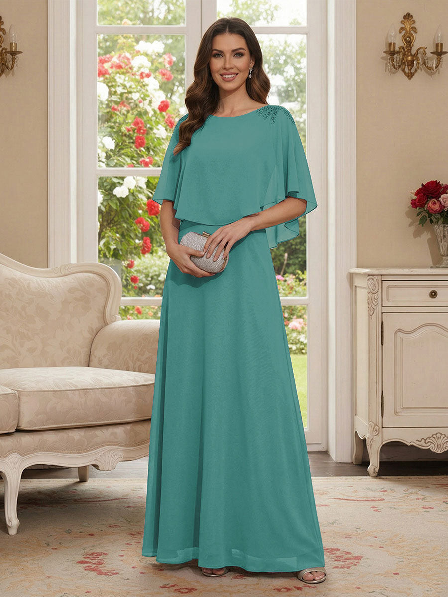 A-Line/Princess Scoop Half Sleeves Floor-Length Mother of the Bride Dresses with Beading