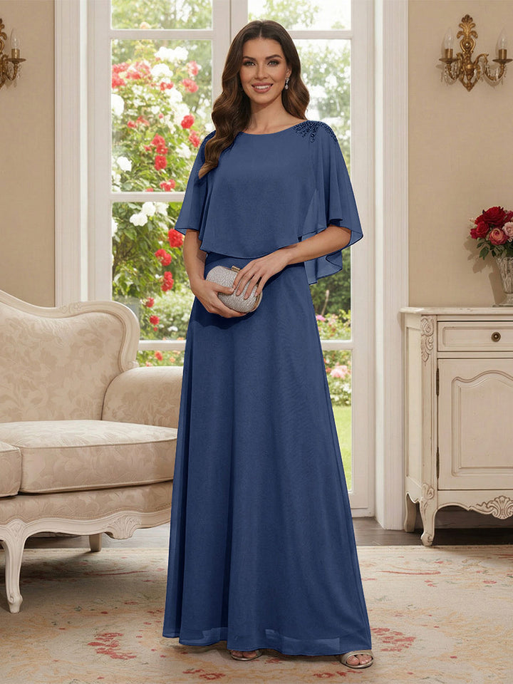 A-Line/Princess Scoop Half Sleeves Floor-Length Mother of the Bride Dresses with Beading