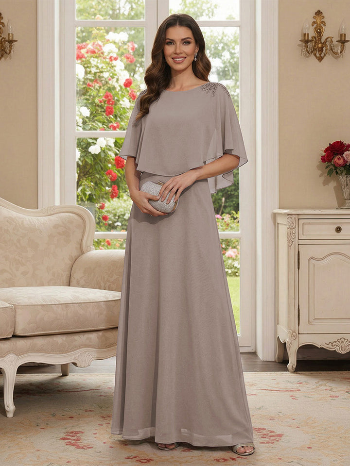 A-Line/Princess Scoop Half Sleeves Floor-Length Mother of the Bride Dresses with Beading