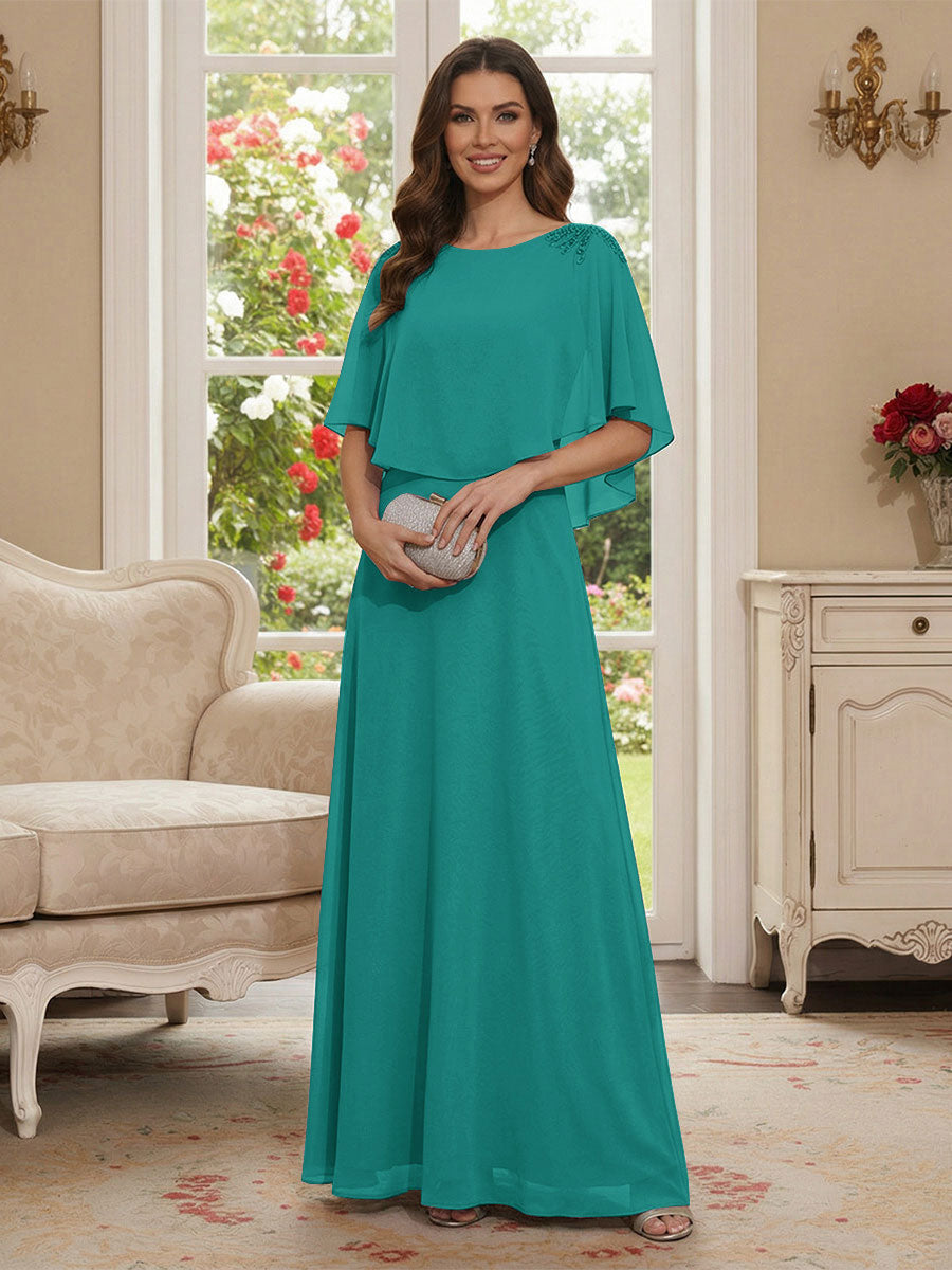 A-Line/Princess Scoop Half Sleeves Floor-Length Mother of the Bride Dresses with Beading