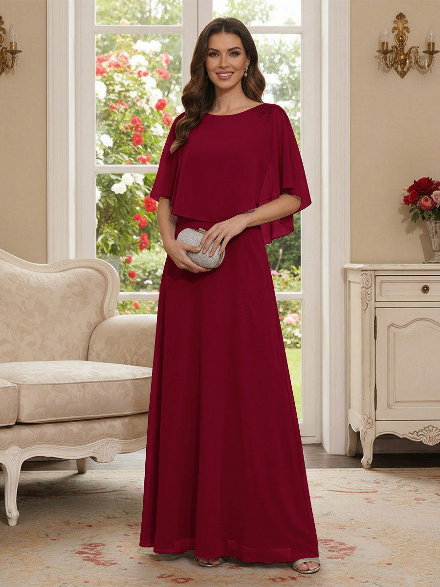 A-Line/Princess Scoop Half Sleeves Floor-Length Mother of the Bride Dresses with Beading