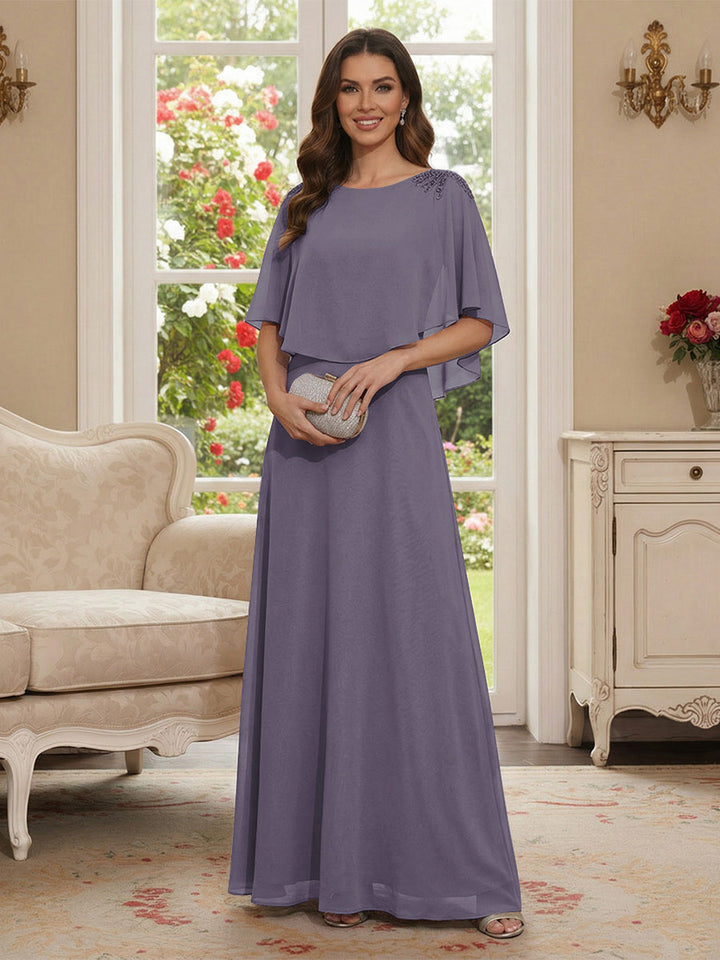 A-Line/Princess Scoop Half Sleeves Floor-Length Mother of the Bride Dresses with Beading