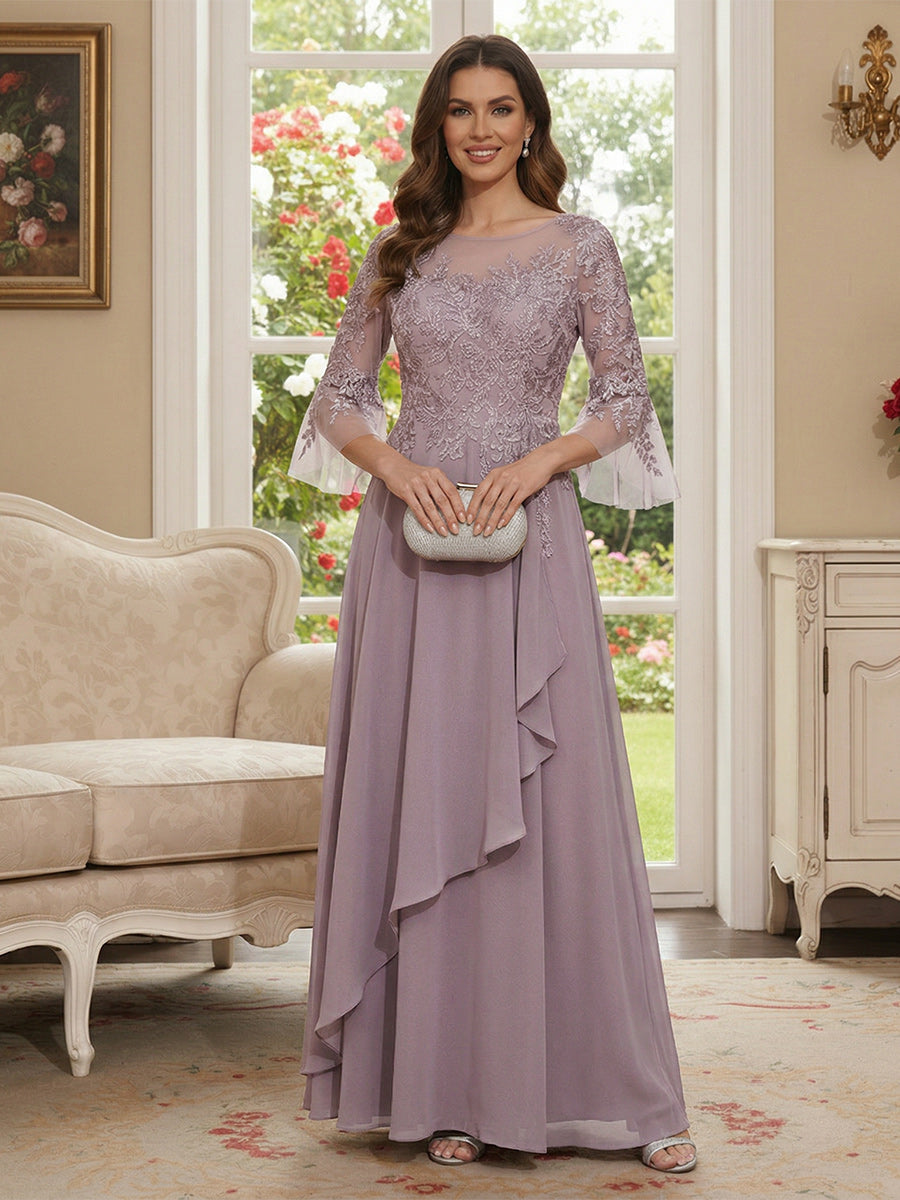 A-Line/Princess V-Neck 3/4 Sleeves Floor-Length Mother of the Bride Dresses with Lace &amp; Applique