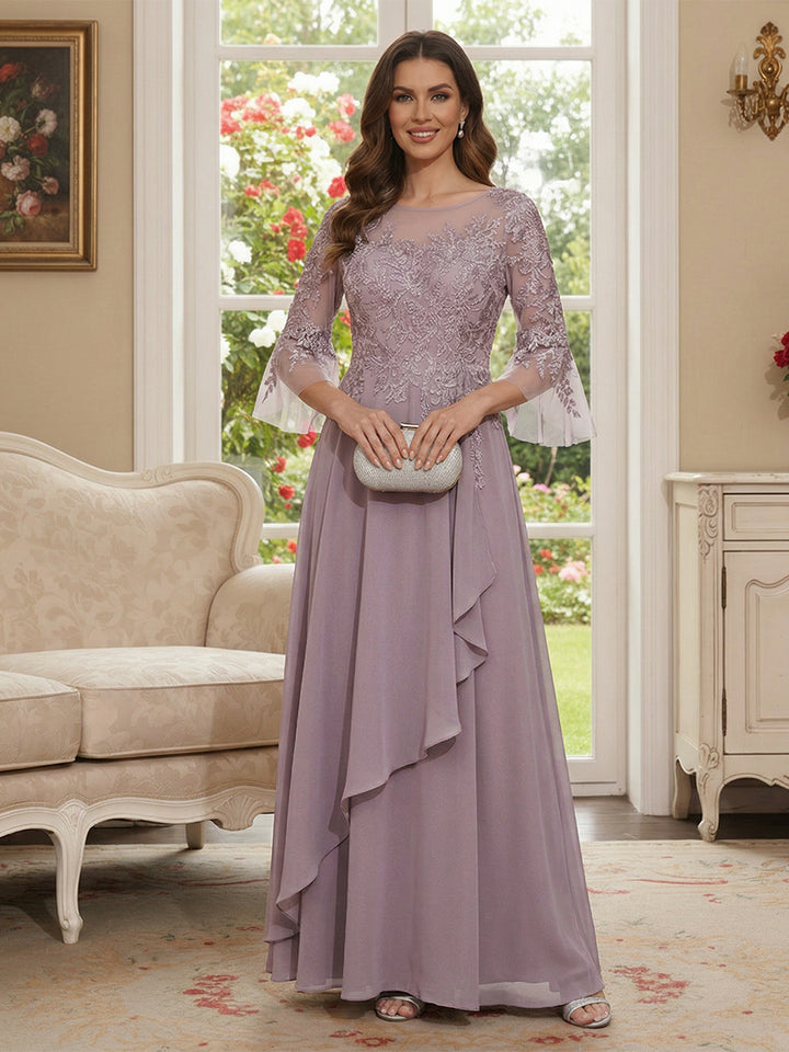 A-Line/Princess V-Neck 3/4 Sleeves Floor-Length Mother of the Bride Dresses with Lace &amp; Applique