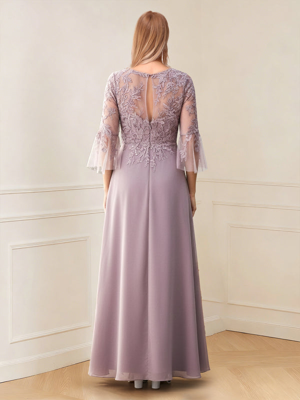 A-Line/Princess V-Neck 3/4 Sleeves Floor-Length Mother of the Bride Dresses with Lace & Applique