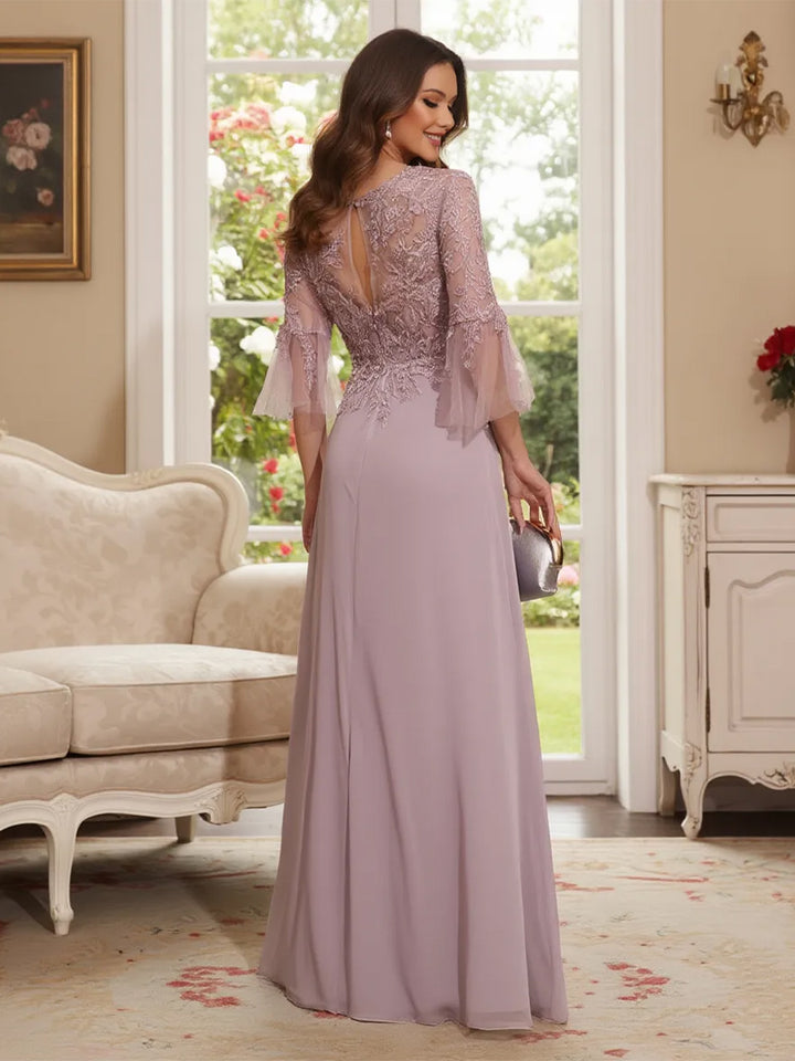 A-Line/Princess V-Neck 3/4 Sleeves Floor-Length Mother of the Bride Dresses with Lace &amp; Applique