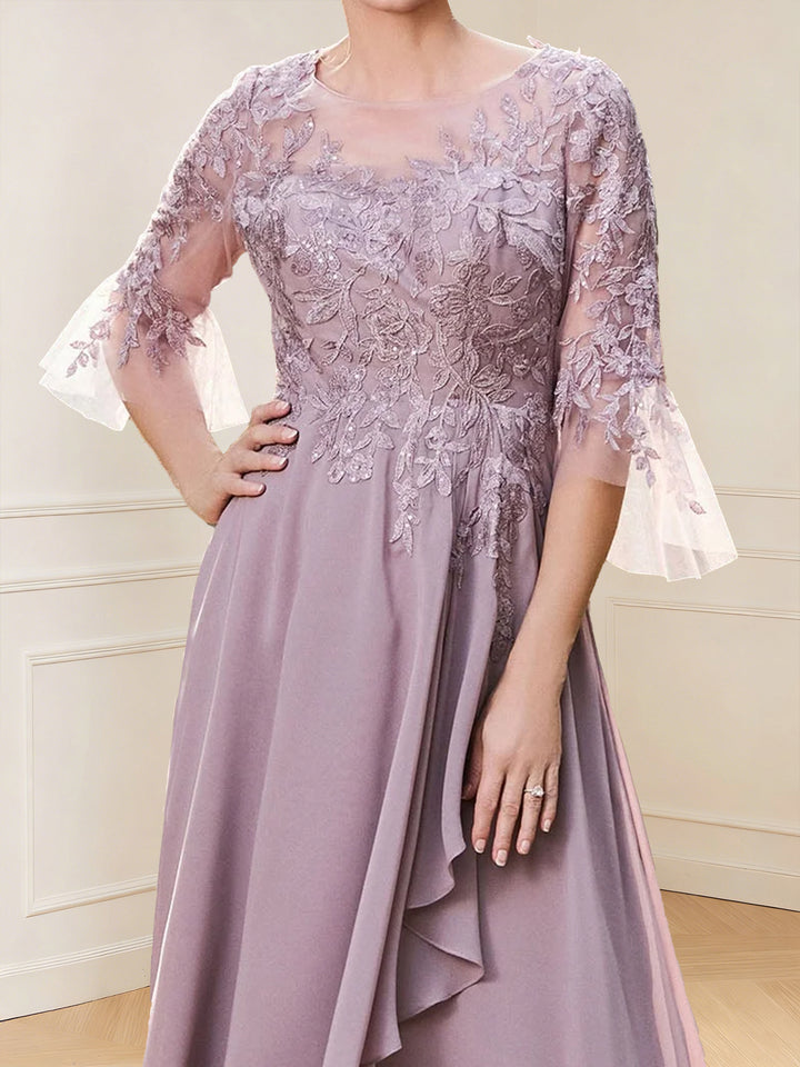 A-Line/Princess V-Neck 3/4 Sleeves Floor-Length Mother of the Bride Dresses with Lace &amp; Applique