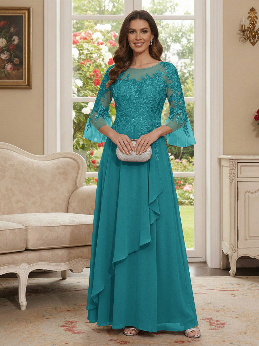 A-Line/Princess V-Neck 3/4 Sleeves Floor-Length Mother of the Bride Dresses with Lace &amp; Applique