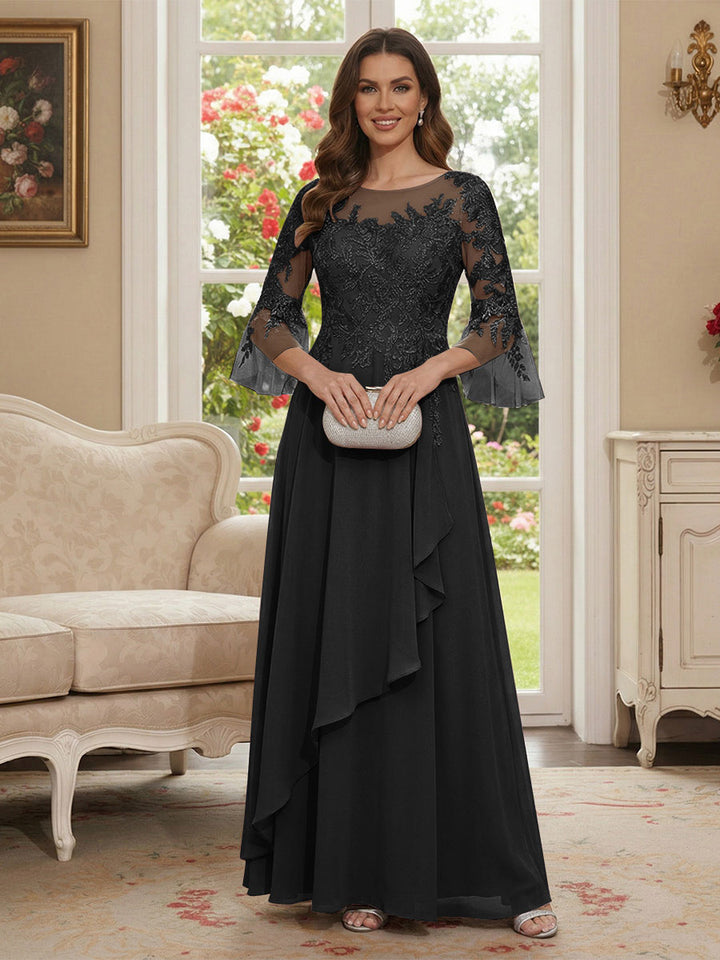 A-Line/Princess V-Neck 3/4 Sleeves Floor-Length Mother of the Bride Dresses with Lace &amp; Applique