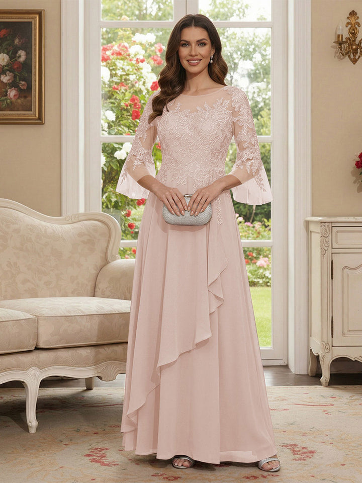 A-Line/Princess V-Neck 3/4 Sleeves Floor-Length Mother of the Bride Dresses with Lace &amp; Applique
