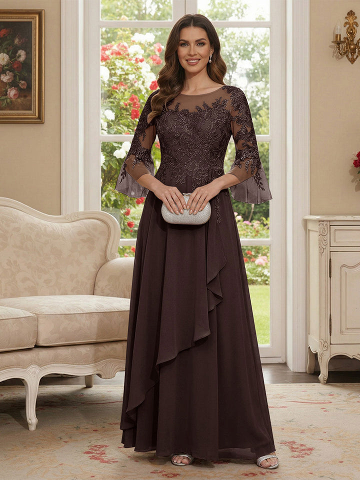 A-Line/Princess V-Neck 3/4 Sleeves Floor-Length Mother of the Bride Dresses with Lace &amp; Applique