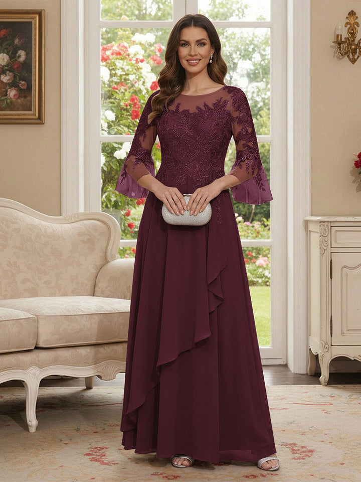 A-Line/Princess V-Neck 3/4 Sleeves Floor-Length Mother of the Bride Dresses with Lace &amp; Applique