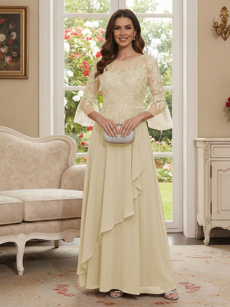 A-Line/Princess V-Neck 3/4 Sleeves Floor-Length Mother of the Bride Dresses with Lace &amp; Applique