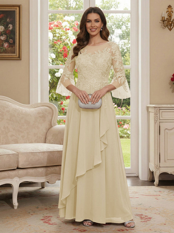 A-Line/Princess V-Neck 3/4 Sleeves Floor-Length Mother of the Bride Dresses with Lace &amp; Applique