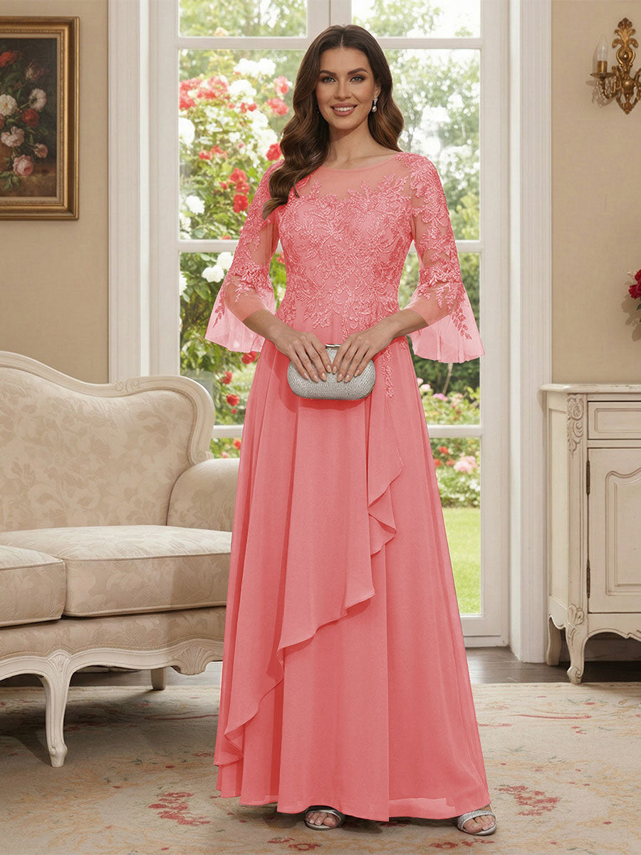 A-Line/Princess V-Neck 3/4 Sleeves Floor-Length Mother of the Bride Dresses with Lace &amp; Applique