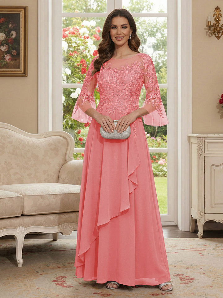 A-Line/Princess V-Neck 3/4 Sleeves Floor-Length Mother of the Bride Dresses with Lace &amp; Applique
