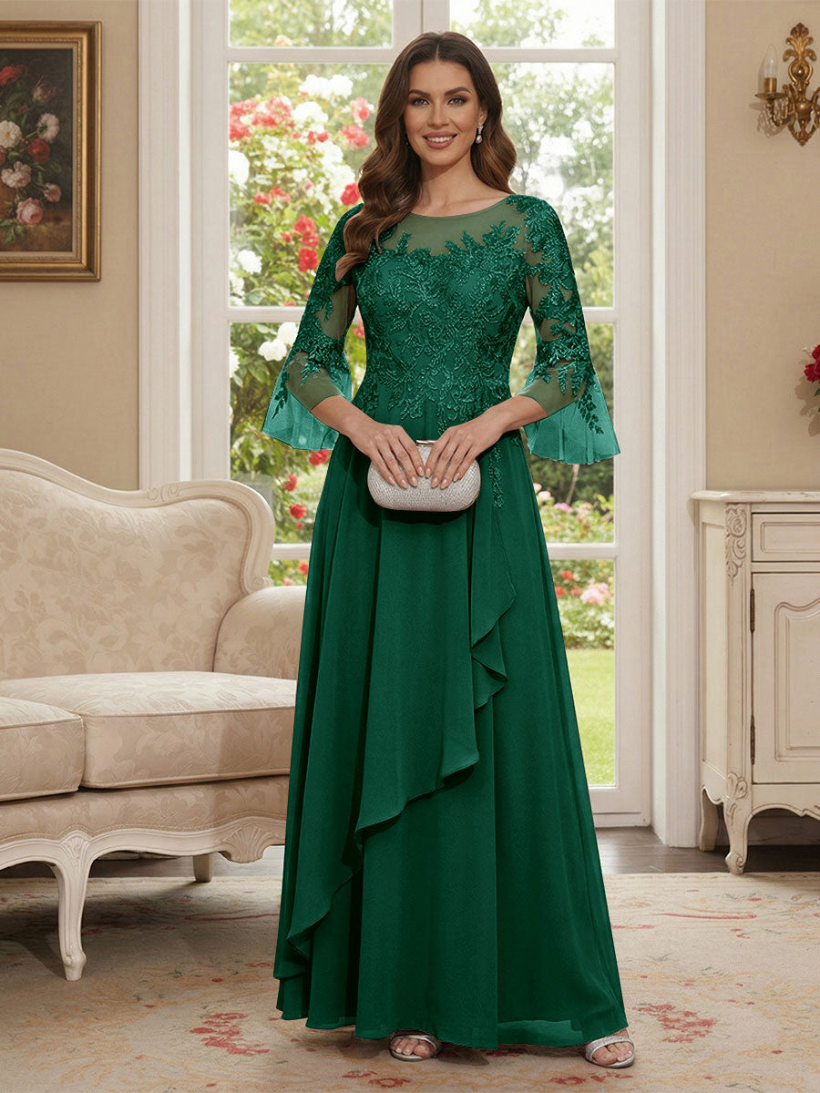 A-Line/Princess V-Neck 3/4 Sleeves Floor-Length Mother of the Bride Dresses with Lace &amp; Applique