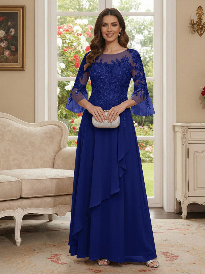 A-Line/Princess V-Neck 3/4 Sleeves Floor-Length Mother of the Bride Dresses with Lace &amp; Applique