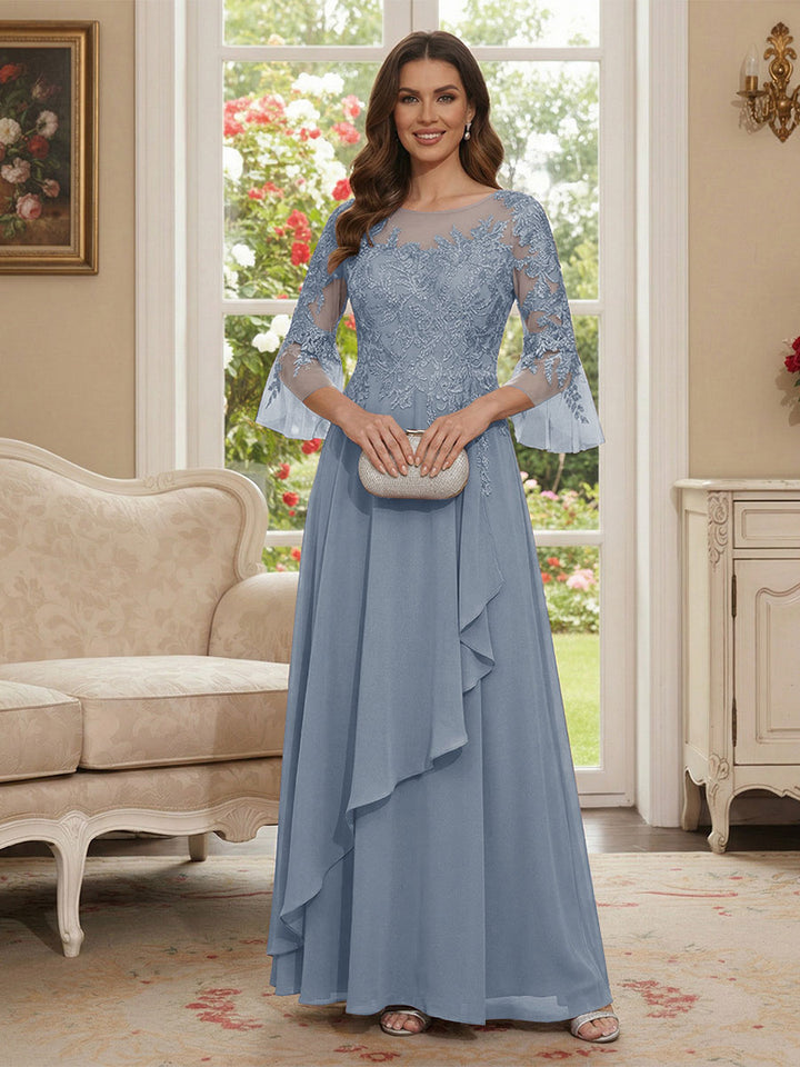 A-Line/Princess V-Neck 3/4 Sleeves Floor-Length Mother of the Bride Dresses with Lace &amp; Applique